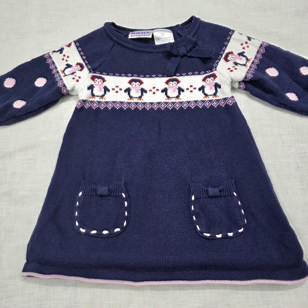 Blueberi Boulevard Sweater Dress Girls 2T Purple Penguin Polka Dot Knit Winter